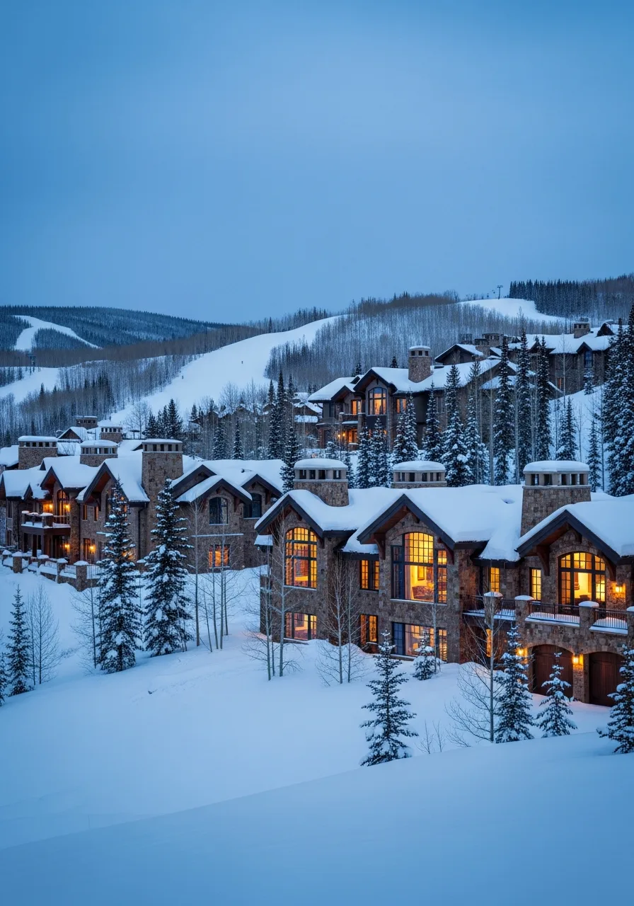 Stone-and-timber Beaver Creek residences among snow-laden evergreens at dusk