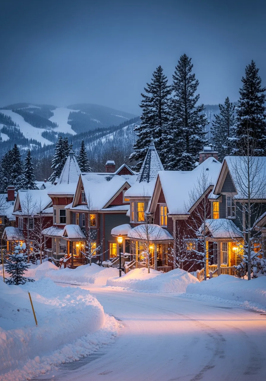 Snow-covered homes on a quiet Breckenridge residential street at dusk