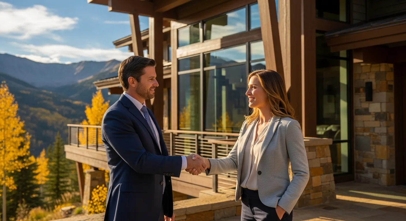 Partners shaking hands outside mountain property