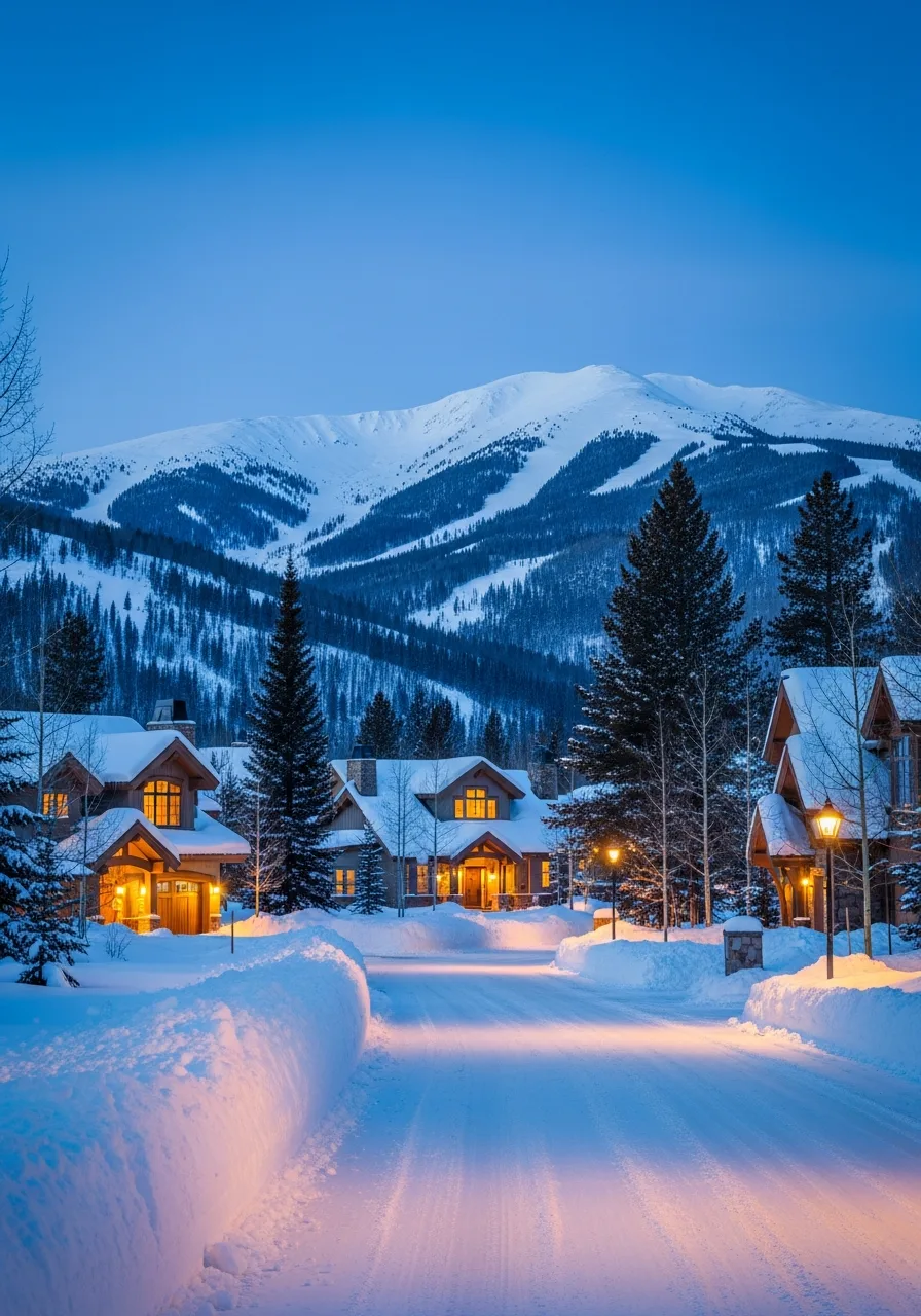 Snow-covered mountain homes on a quiet Summit County lane at dusk