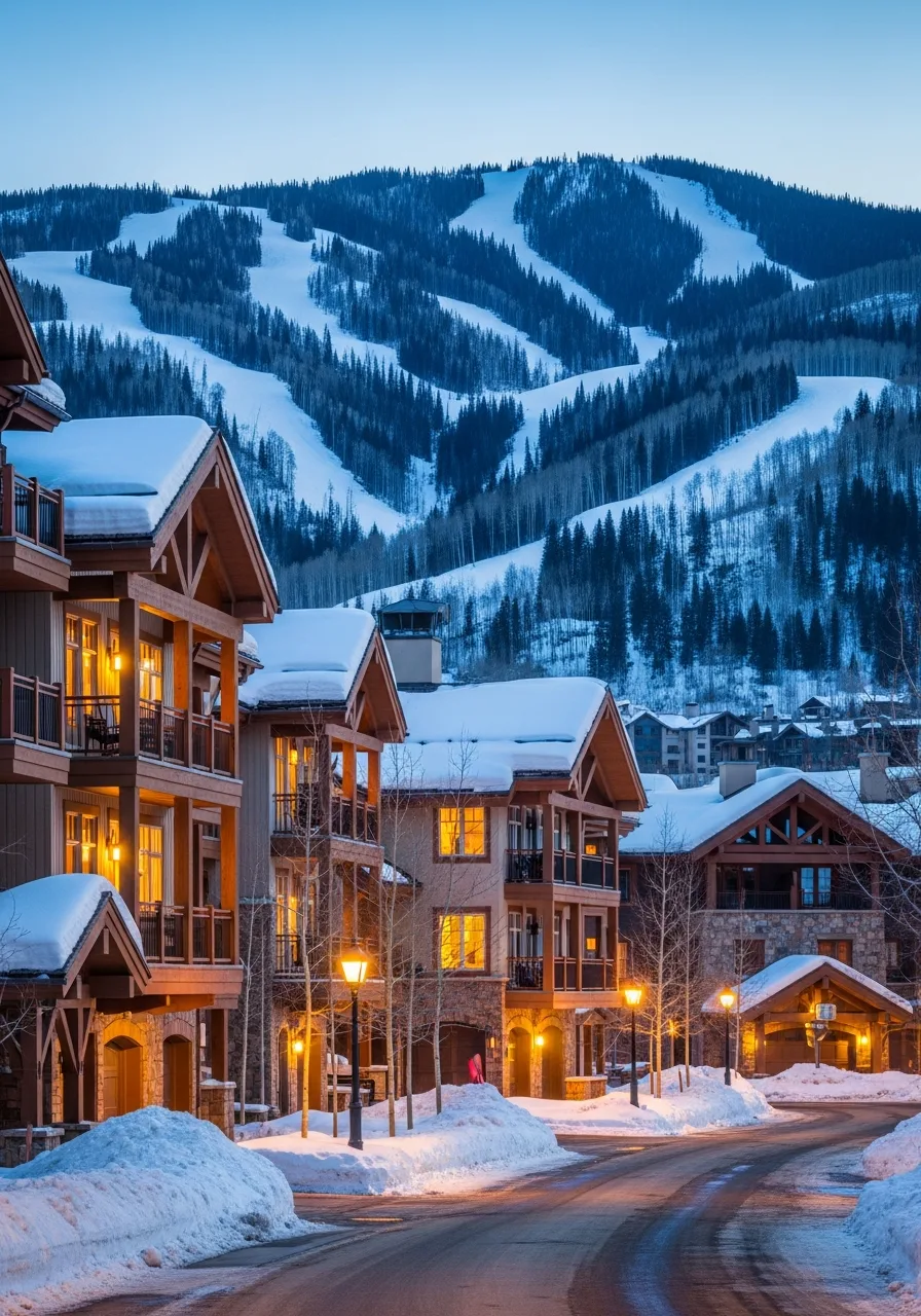 Chalet-style Vail residences with glowing windows on a snowy evening